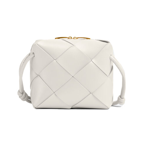 Bottega Veneta/葆蝶家 22新款 女士迷你白色羔羊皮編織圖案拉鏈開合金色飾面單肩相機包701915VCQC29009