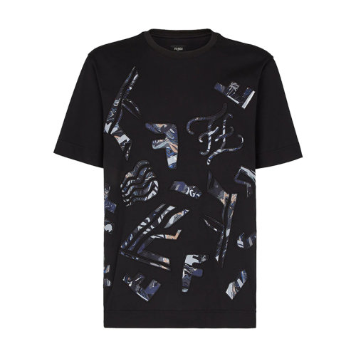 FENDI/芬迪 22年早春新款 男士黑色純棉刺繡FF貼花短袖T恤FY0936AITXF0YFN