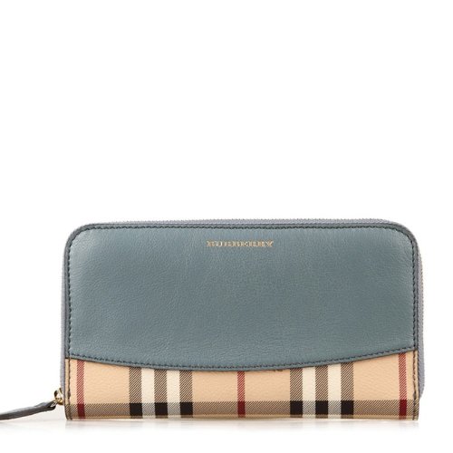 BURBERRY/博柏利 女士藍色皮革拼PVC經典騎士格紋長款拉鏈錢包錢夾手拿包 3930321