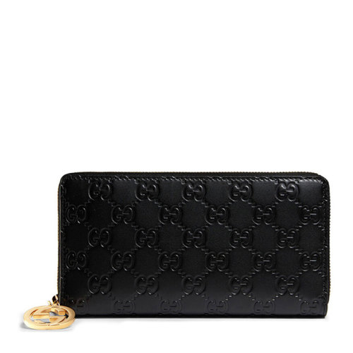 GUCCI/古馳 女士黑色牛皮GG印花金屬LOGO拉環長款全拉鏈式錢夾錢包手拿包女包 409342-CWC1G-1000