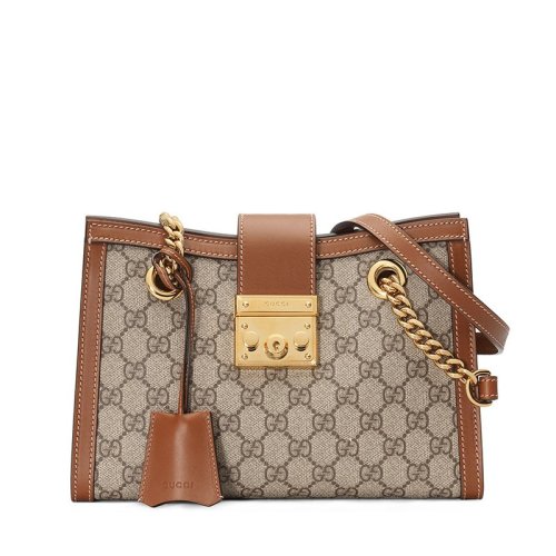 GUCCI/古馳  Padlock女士小號(hào)棕色帆布鏈條單肩手提包 498156KHNKG8534