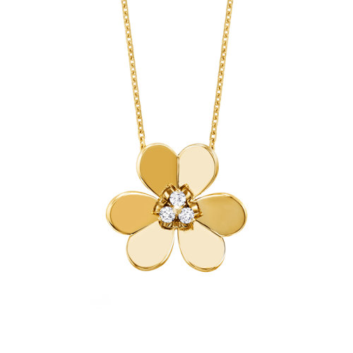 Van Cleef & Arpels/梵克雅寶 經(jīng)典Frivole?系列 18K金黃金三瓣花花朵鑲鉆長(zhǎng)款超大號(hào)吊墜夾項(xiàng)鏈 VCARP2DW00