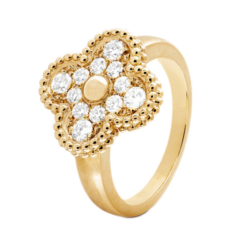 Van Cleef & Arpels/梵克雅寶 經典Vintage Alhambra系列 18k金黃金鑲鉆四葉草戒指VCARO26M00
