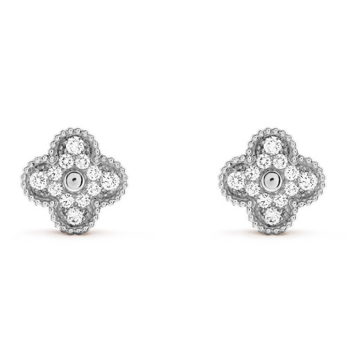 Van Cleef & Arpels/梵克雅寶 經典Vintage Alhambra系列 18k金白金鑲鉆石四葉草耳釘VCARA44600