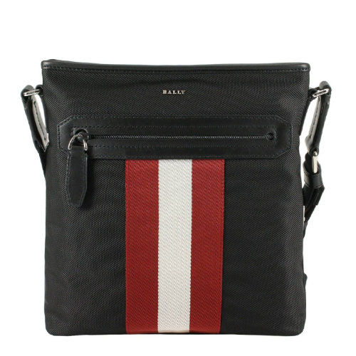 BALLY/巴利 男士黑色尼龍配皮Trainspotting紅白條紋字母徽標單肩包斜挎包郵差包男男包 6220467