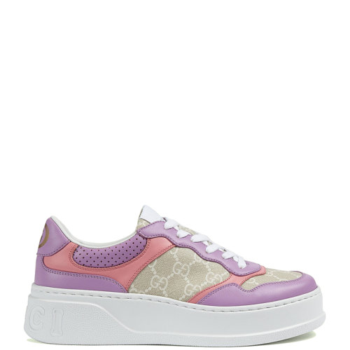 GUCCI/古馳 22年春夏新款 女士白色/米色老花帆布拼紫色皮革厚底系帶運(yùn)動(dòng)鞋670408UPG905471