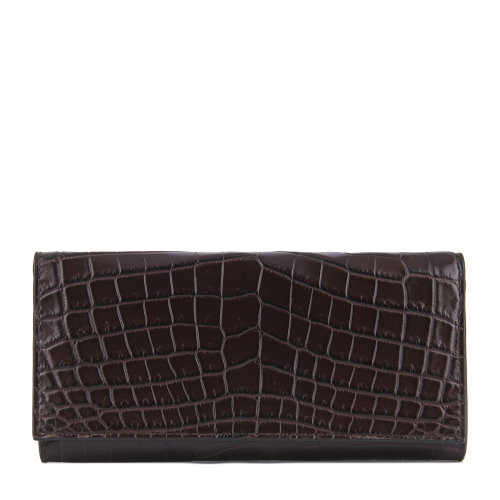 【秒發】Bottega Veneta/葆蝶家 棕色翻蓋式長款鱷魚皮錢包