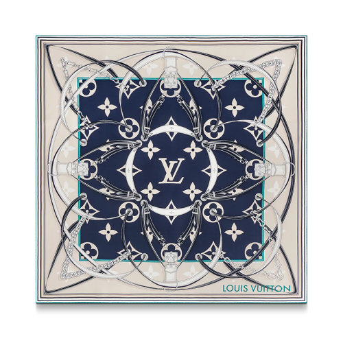 預訂款一個月 Louis Vuitton/路易威登 22年秋冬新款 ULTIMATE MONOGRAM 90系列 女士午夜藍色桑蠶絲鏈條和老花圖案方巾絲巾M77776