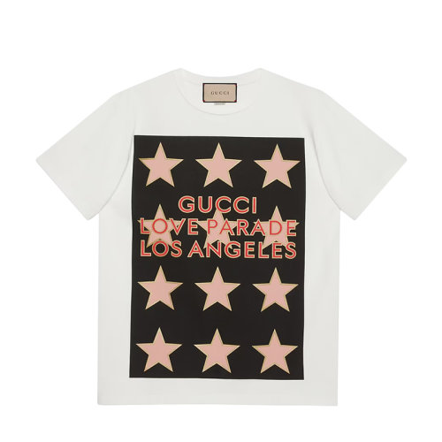 GUCCI/古馳 22年春夏新款 愛的進行曲系列 男士象牙白色純棉Love Parade星星印花短袖T恤548334XJEQI9275