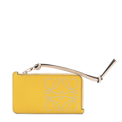 LOEWE/羅意威 20  Brand系列 女士芥末色/淡燕麥色經典小牛皮切割徽標拉鏈卡包0010593689
