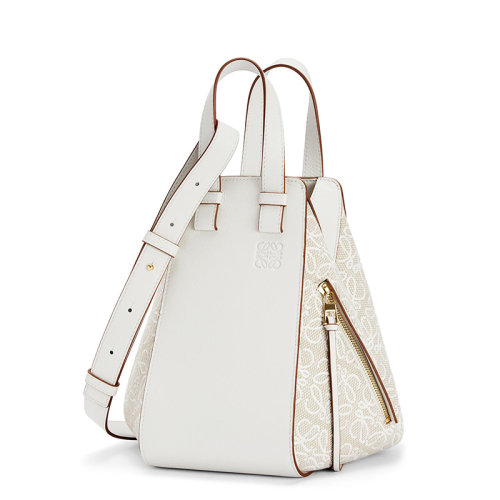 LOEWE/羅意威  Hammock系列 女士小號本色/柔白Anagram提花帆布小牛皮可拆卸可調(diào)肩帶單肩斜挎手提包0010562171
