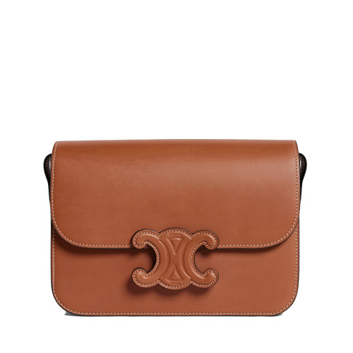 CELINE/賽琳 22新款CUIR TRIOMPHE系列 女士中號黃褐色牛皮革同色系凱旋扣翻蓋開合單肩斜挎包199223BFN.04LU