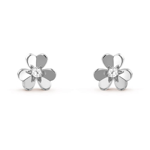 Van Cleef & Arpels/梵克雅寶 經典Frivole系列 18k金白金鑲嵌鉆石三瓣花朵迷你耳釘VCARP0J600
