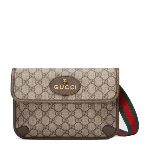 【熱銷】GUCCI/古馳  GG Supreme系列男士米色/烏木色帆布虎頭LOGO徽標GG印花腰包胸包男包 493930-9C2VT-8745