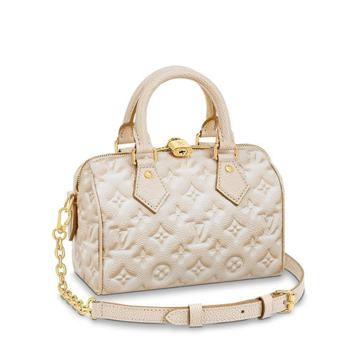 Louis Vuitton/路易威登 22新款SPEEDY 20系列 女士淺米色噴繪效果老花壓紋粒面牛皮革金鎖金鏈單肩斜跨鏈條包M46163