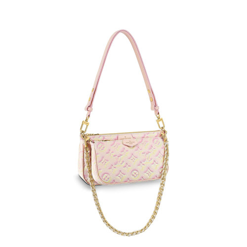Louis Vuitton/路易威登 22新款MULTI POCHETTE系列 女士淺粉色老花壓印粒面皮革金扣金鏈配可拆卸小袋二合一多功能單肩手提鏈條包M46093