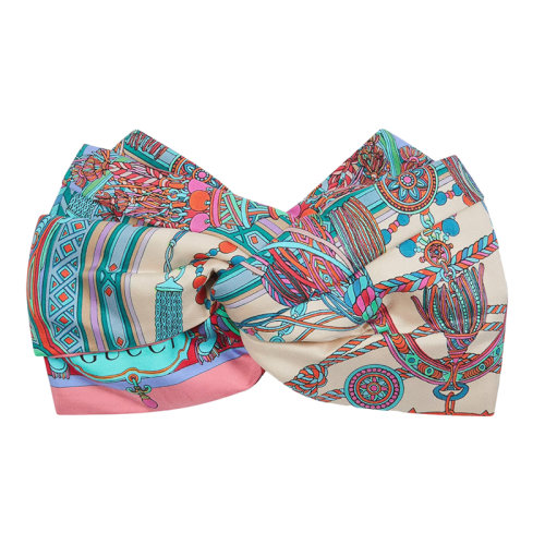 GUCCI/古馳女士粉色和紅色桑蠶絲流蘇和鏈條印花真絲發帶6637043GC025874