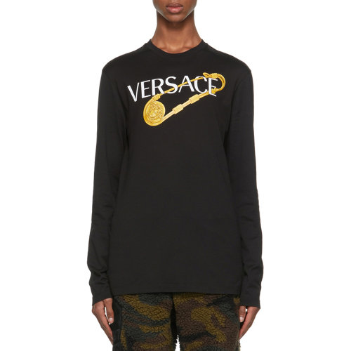 VERSACE/范思哲 男士黑色棉質徽標印花長袖T恤 1001748-1A00932-1B000