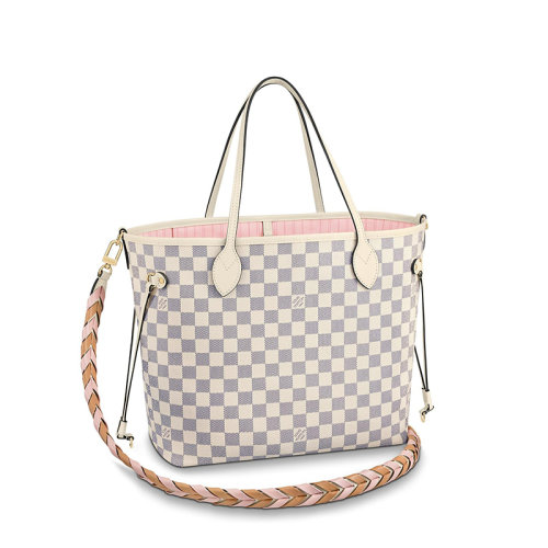 Louis Vuitton/路易威登 22春夏新款NEVERFULL系列 女士中號(hào)天藍(lán)色棋盤(pán)格帆布皮革飾邊細(xì)節(jié)金扣配可拆卸小袋多色編織肩帶抽繩開(kāi)合手提托特包N45295