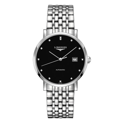 LONGINES/浪琴  博雅系列 自動機械表鑲鉆黑盤精鋼表殼表鏈男表39毫米L4.910.4.57.6