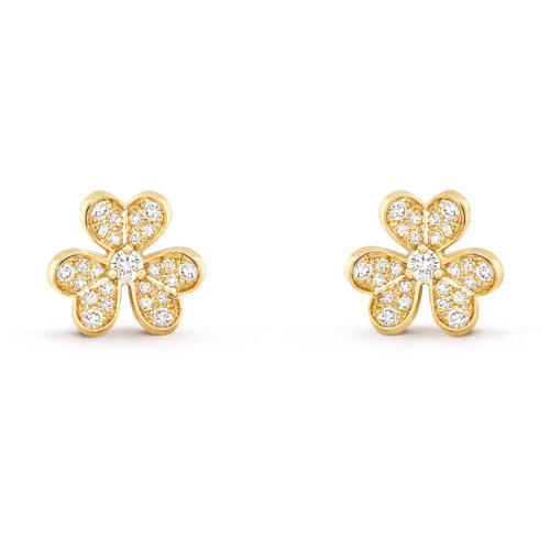Van Cleef & Arpels/梵克雅寶 經典Frivole系列 18k金黃金鑲嵌鉆石滿鉆迷你三瓣花朵耳釘VCARP24200