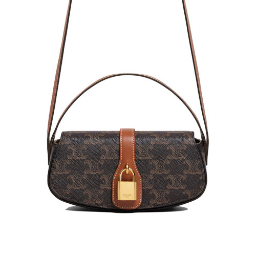 CELINE/賽琳   女士黃褐色老花凱旋帆布牛皮飾邊掛鎖裝飾單肩斜挎包10I592DQ2.04LU