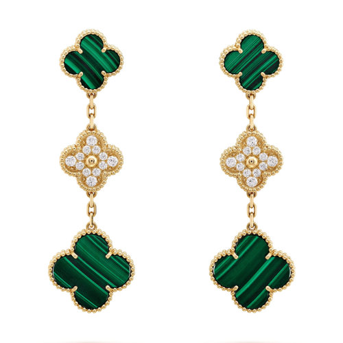 Van Cleef & Arpels/梵克雅寶 Magic Alhambra 女士綠色孔雀石鑲鉆四葉草掛墜耳環 VCARO9II00