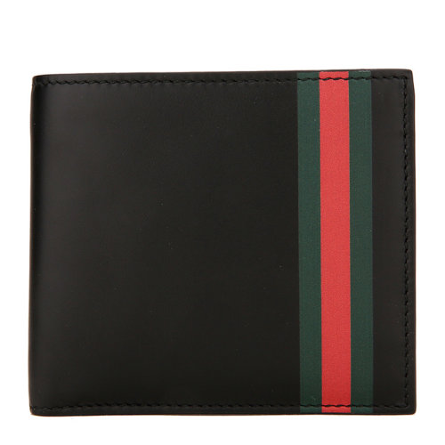 GUCCI/古馳 男士黑色皮革條紋logo裝飾短款錢包