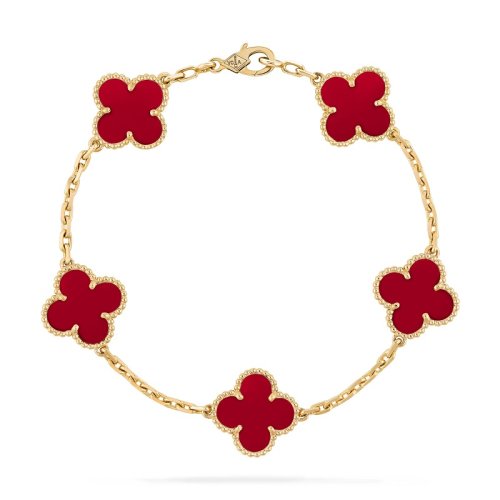 Van Cleef & Arpels/梵克雅寶 經(jīng)典款Vintage Alhambra復(fù)古紅色紅玉髓五顆四葉草手鏈 VCARD35500