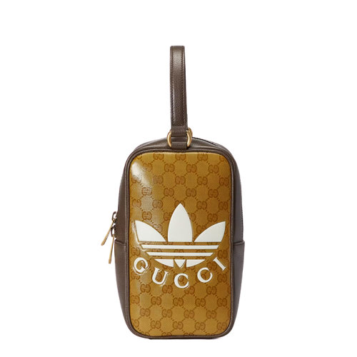 GUCCI/古馳 22新款阿迪達斯聯名 男士迷你棕色老花帆布配皮白色主題徽印花金扣單肩手提包