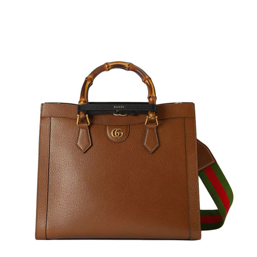 GUCCI/古馳 22春夏新款Diana系列 女士中號棕色皮革黑色飾帶金扣雙竹節提手紅綠肩帶單肩手提托特包?678842U3ZDT2185