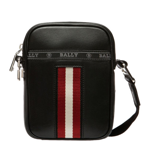 BALLY/巴利 Heyot系列男士黑色牛皮經典字母徽標印花紅白條紋裝飾拉鏈開合單肩包斜挎包郵差包信使包男包 6230619【預售3-4周發貨】