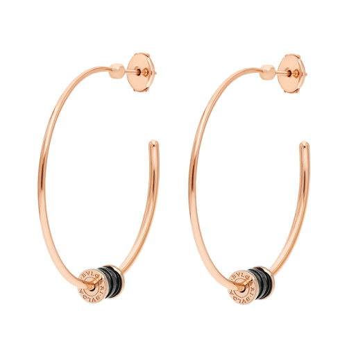 BVLGARI/寶格麗 B.ZERO1系列 18K金玫瑰金大號圈形耳環螺旋形鋪黑色陶瓷 357222