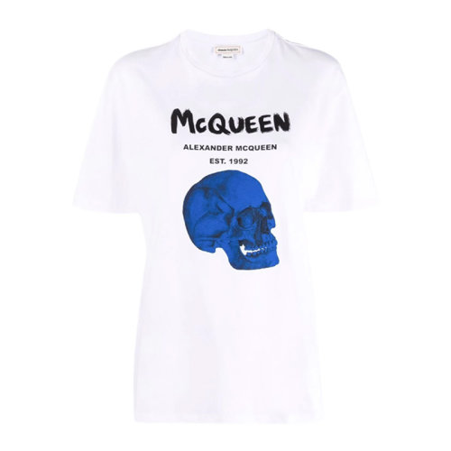 Alexander McQueen 亞歷山大·麥昆 女士 服裝  圓領字母LOGO印花藍色骷髏頭棉質T恤 女士短袖T恤