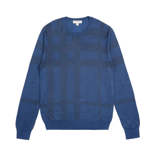 BURBERRY/博柏利 男士藍色羊絨混飯棉質條紋裝飾圓領毛衣 3914702
