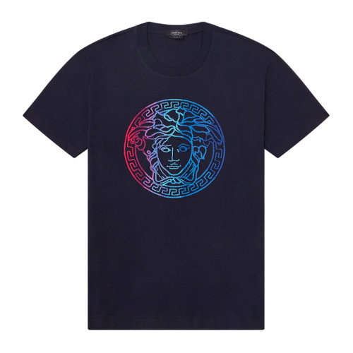 VERSACE/范思哲 男士海軍藍色棉質經典美杜莎頭像刺繡裝飾修身版型圓領上衣短袖T恤 A89287-1A01585-6U370