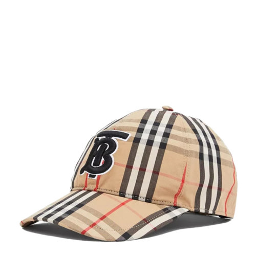 BURBERRY/博柏利 男士米色棉質字母徽標刺繡復古格紋印花時尚休閑帽棒球帽鴨舌帽男帽 8038504