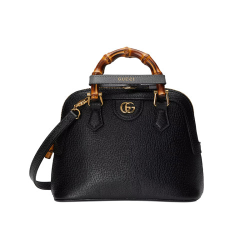 GUCCI/古馳 23春夏新款 Diana系列 女士黑色皮革復古金色細節雙G拆卸調節肩帶竹節手柄單肩斜挎手提包715775DJ24G1092