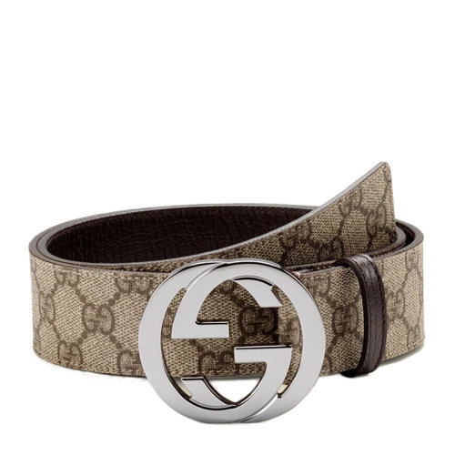 GUCCI/古馳 男士咖啡色PVC經典格紋印花銀色雙G LOGO頭板扣式腰帶淺皮帶 114984-KGD1R-9643