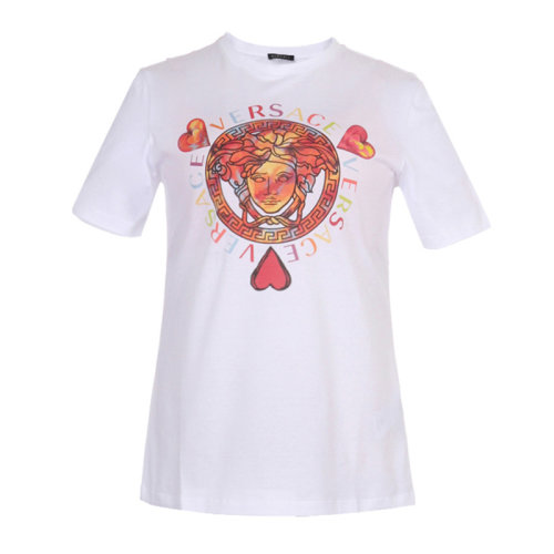 VERSACE/范思哲 女士純色棉質(zhì)經(jīng)典彩色字母徽標(biāo)美杜莎頭像印花裝飾圓領(lǐng)上衣短袖T恤 A83858-A201952 多色可選