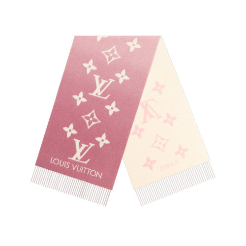 Louis Vuitton/路易威登 REYKJAVIK系列 女士淺粉色羊絨提花大logo漸變流蘇圍巾M77375