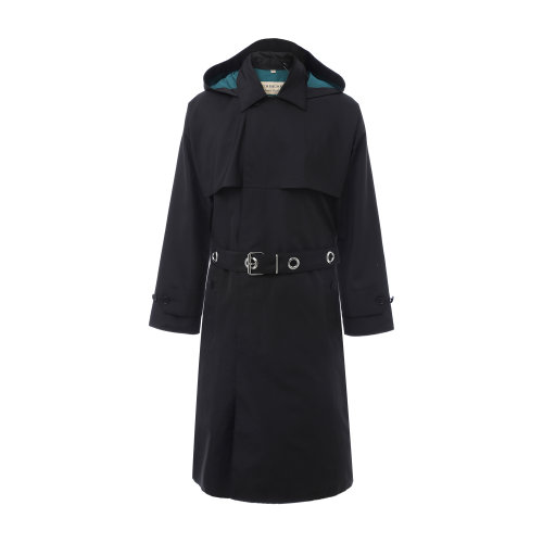 黑色附腰帶長款連帽風衣 BURBERRY/博柏利 巴寶莉 男裝 男士外套 大衣 男士風衣 瑕疵特賣（陳列痕跡，不影響使用）