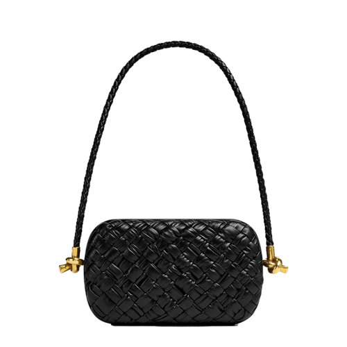 Bottega Veneta/葆蝶家 22新款 女士黑色羔羊皮編織圖案黃銅飾面磁扣開合單肩手提包717623V2H411019