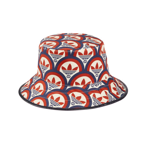 GUCCI/古馳 22年秋冬新款 adidas聯名系列 男女同款藍色/紅色棉質混紡老花圖案漁夫帽?6964764HAQF6468
