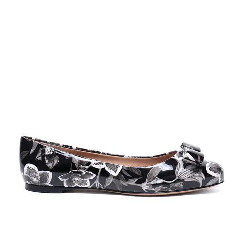 Salvatore Ferragamo/菲拉格慕 女士VARINA10系列花卉圖案牛皮革蝴蝶結平底鞋 0686638