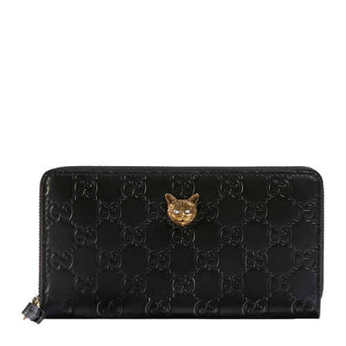 GUCCI/古馳   女士黑色皮革雙G壓花金屬貓頭長款錢包手拿包