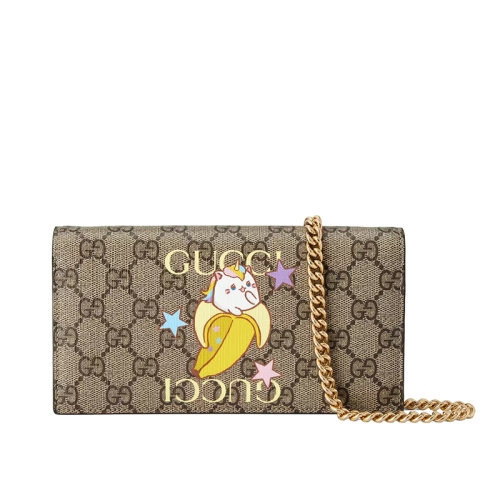 GUCCI/古馳 22新款 女士經典老花帆布按扣開合Bananya印花鏈式長款錢包單肩斜挎手拿包?701061U2UAG8679
