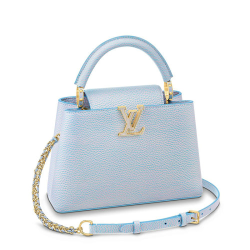 Louis Vuitton/路易威登 22新款CAPUCINES BB系列 女士丁香紫/淺藍色系噴繪效果粒面牛皮革金扣配可拆卸皮革鏈條編織肩帶單肩手提包M59868