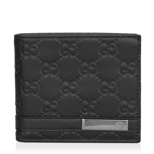 GUCCI/古馳 黑色 男士黑色牛皮雙G logo銀色標志壓花錢包錢夾