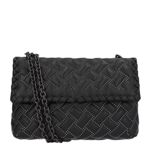 Bottega Veneta/葆蝶家 OLIMPIA系列 女士黑色格紋編織牛皮革時尚氣質單肩斜挎包